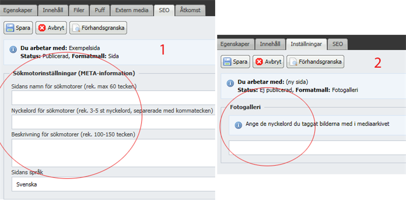 1. Här sökmotoroptimerar du sidan, 2. Fält där du anger nyckelord som BackNet CMS ska skapa fotogalleri på.